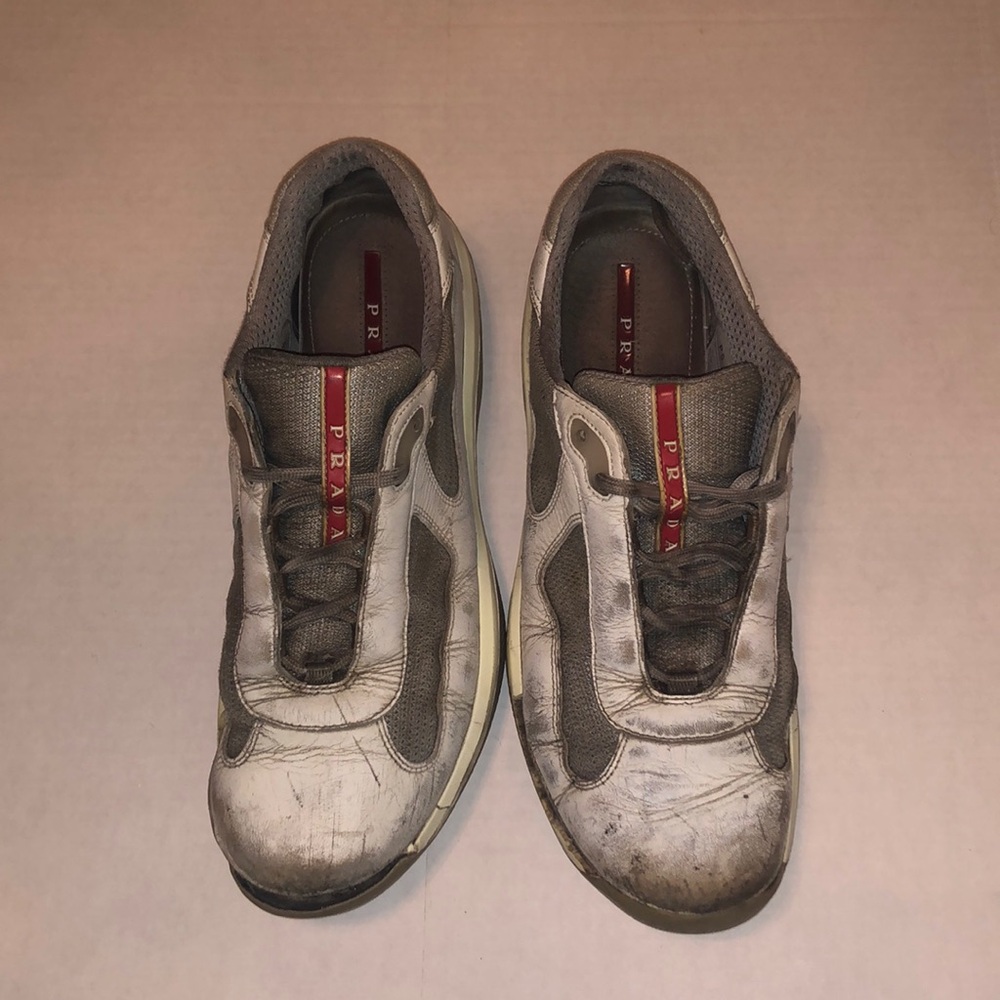 Prada Sneakers  Non-slip White Silver Calf Leather Distressed Used Pradas. - Picture 4 of 8